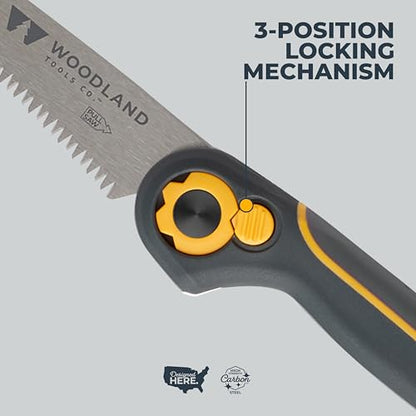Woodland Tools Duralight Folding Saw – Curved Pruning Saw with Hardened Steel Blade, 3-Position Lock, Soft Grip Handle – Manual Tool for Tree Trimming, Branch Cutting, and Yard Work - style: Compact Duralight Folding Saw