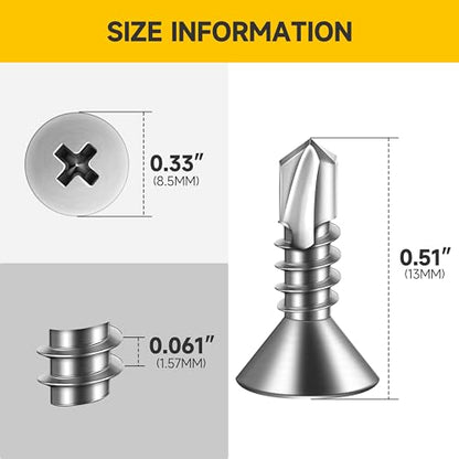 Mywish (500Pcs) #10 x 1/2" Self Tapping Screws for Metal, Flat Phillips Head 410 Stainless Steel Sheet Metal Screws, Self Drilling Mouting Screws for Metal Plastic & Wood - size: #10 x 1/2"