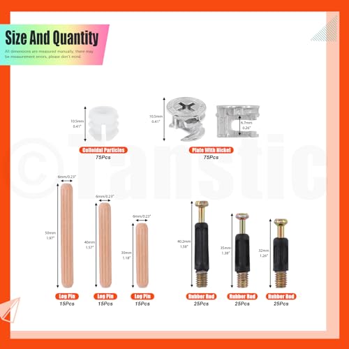 Tanstic 270Pcs 3 in 1 Furniture Connecting Hardware Connectors Kit, Furniture Cam Lock Fasteners Including Cam Lock Fittings with Dowel, Pre-Inserted Nut, Wood Dowel Pins Furniture Crib Screws