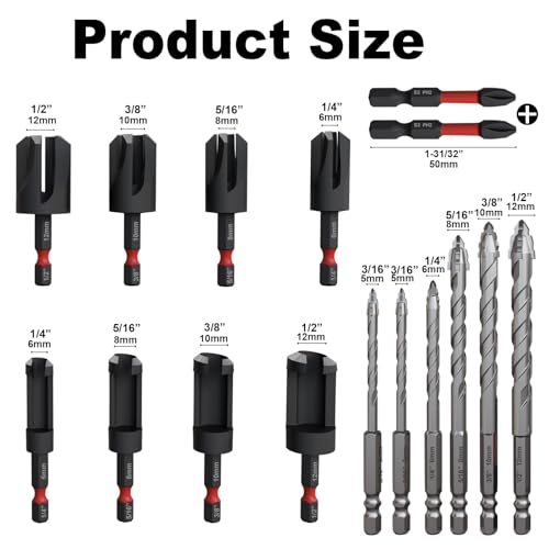 Wood Plug Cutter Drill Bit Set 16-Piece, Straight and Tapered Cutting Tools，Includes Screwdriver Bits and Masonry Drill Bit Set, 1/4" Hex Shank for Woodworking with Storage Box