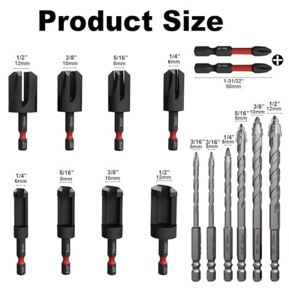 Wood Plug Cutter Drill Bit Set 16-Piece, Straight and Tapered Cutting Tools，Includes Screwdriver Bits and Masonry Drill Bit Set, 1/4" Hex Shank for Woodworking with Storage Box
