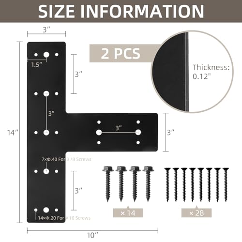 2Pcs T Shape Steel Flat Bracket, 14" X 10" Heavy Duty Mending Plate, T Flat Repair Tie Plate, Connecting Brackets, Repair Joining Fixing Brace with 2 Sets of Screws