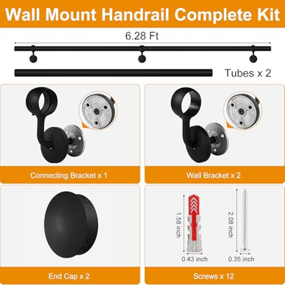 ROTHLEY 6.6 FT Industrial Handrails for Indoor Stairs: Modern Staircase Handrails Wall Mount Stair Handrail 1.6" Round Sturdy Pipe Hand Railings for Steps Matt Black Powder Coat Stairway Railing - size: 6.6FT