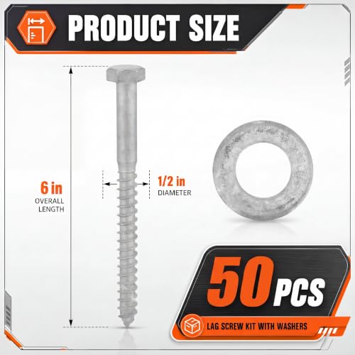 50 Pack 1/2''x6'' Lag Screw Kit with Washers, Hot Dipped Galvanized Hex Lag Bolts Heavy Duty Hex Head Wood Screws, Rust Resistant Exterior Fasteners for Wood Deck Fence - size: 1/2''x6''