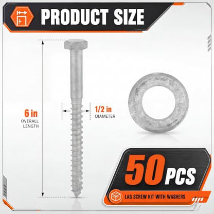 50 Pack 1/2''x6'' Lag Screw Kit with Washers, Hot Dipped Galvanized Hex Lag Bolts Heavy Duty Hex Head Wood Screws, Rust Resistant Exterior Fasteners for Wood Deck Fence - size: 1/2''x6''