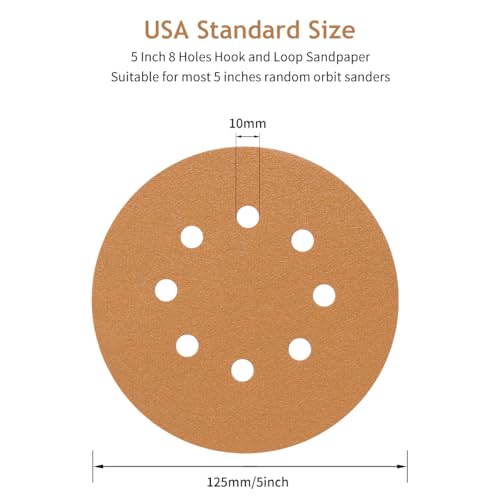 50 PCS 120 Grit 5 Inch 8 Hole Hook and Loop Sanding Discs