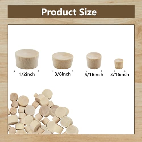 160 Pieces 4 Sizes Wood Plugs Flat Head Wooden Hole Plugs Hardwood Hole Plugs Wooden Button Plugs Screw Hole Plugs for Wood Furniture, 3/16 Inch, 5/16 Inch, 3/8 Inch, 1/2 Inch