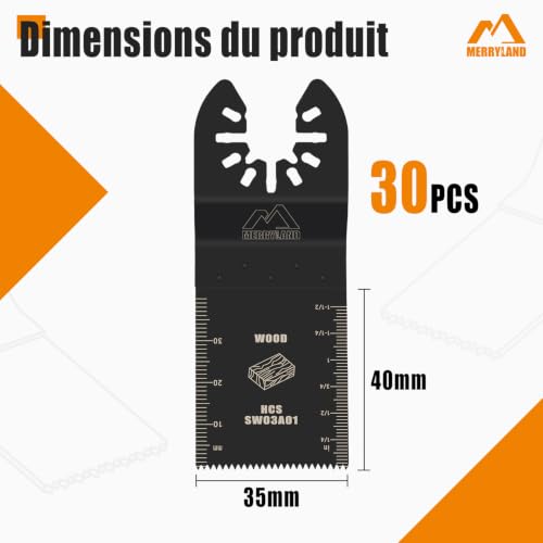 Merryland 33 Pack Oscillating Multitool Blades Kit, 30pcs 1 3/8 inch High Carbon Steel Saw Blades with 3 Clips Adapters, Universal Quick Release Fit for Wood Plastic Drywall, OMTAA033D1