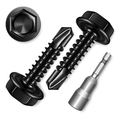100Pcs #8 x 3/4" Sheet Metal Screws, 410 Stainless Steel Self Drilling Hex Head Black Self Tapping Screws for Metal with Drill Bit - color: Black, size: #8 x 3/4"
