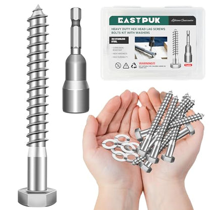 (10Sets) 3/8 Bolt, 3/8" x 3" Hex Head Lag Screws, Heavy Duty Lag Bolts with Washers, 304 Stainless Steel 18-8, 3/8 Bolt for Wood, Partial Thread - size: 3/8" x 3"