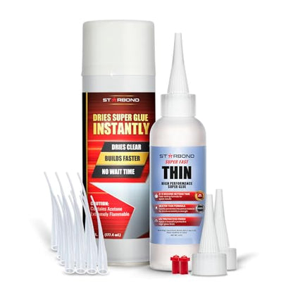 Starbond Thin CA Glue with Activator Bundle (4 oz. + 6 oz.) – Premium Cyanoacrylate Super Glue with Aerosol Accelerator – for Woodworking and Repair, Pen Turning, CA Finish, Inlays, Luthiery, Crafts - size: 4 ounce, 6 ounce