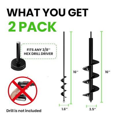 K-Brands Auger Drill Bit for Planting 2 Pack 1.6" x 16" & 3.5" x 16" Set - size: 1.6 x 16 Inch + 3.5 x 16 Inch