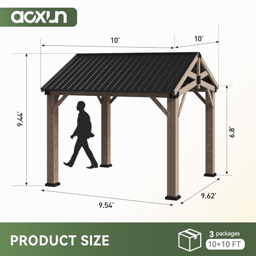 Aoxun 10' x 10' Wood Gazebo with Galvanized Steel Gable Roof, Gray - color: Taupe Gray, size: 10' x 10'