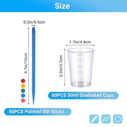 Gartful Resin Mixing Cups and Sticks, 110 Packs Epoxy Measuring Cups Kit - 60PCS 100ml Disposable Graduated Cups, 50PCS Pointed Stir Sticks for Mixing Paint, Stain, Epoxy, Resin - color: Clear cups+point stick, size: 50ml