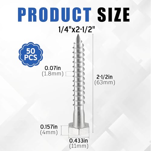 Zonon 50 Pcs 1/4" X 2-1/2" 304 Stainless Steel Lag Screw for Wood, Silver - color: Silver, size: 1/4" X 2-1/2"
