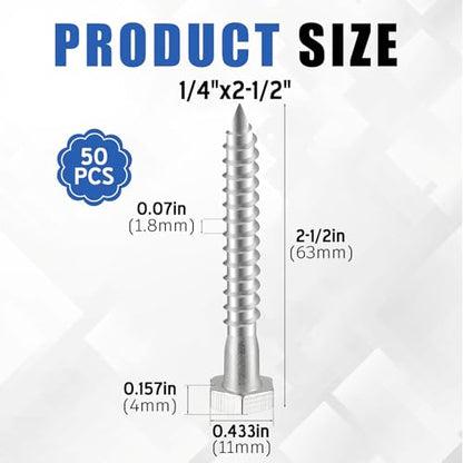 Zonon 50 Pcs 1/4" X 2-1/2" 304 Stainless Steel Lag Screw for Wood, Silver - color: Silver, size: 1/4" X 2-1/2"