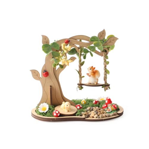 Wooden Mini Fairy Garden Tree Swing Diorama Kit - DIY Tabletop Ornament