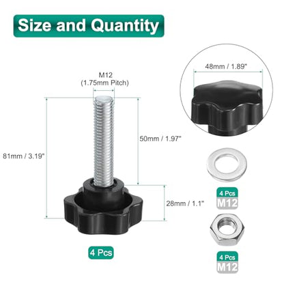 uxcell 2pcs Star Clamping Knobs with Nuts Washers, M12 x 50mm Metric Zinc Plated Carbon Steel Male Thread 48mm 6-Star Plastic Head, Threaded Stud Hand Knobs Handles Thumb Screws, Black - size: M12 x 50mm