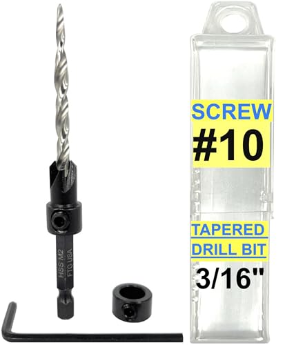 FTG USA #10 (3/16") Countersink Drill Bit for Wood with Tapered Drill Bits - size: #10, style: with Depth Stop
