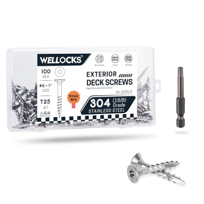 WELLOCKS #8 x 1 in 304 Stainless Deck Screws, 100 PCS - size: #8×1"