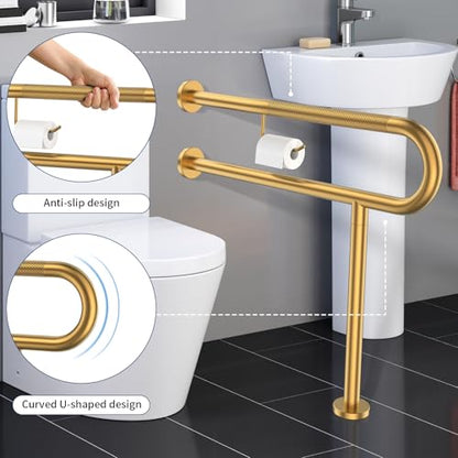 ZUEXT 31.5x28 Inch Gold Knurled Toilet Grab Bar with Toilet Paper Holder - color: Gold, size: 31.5 Inch