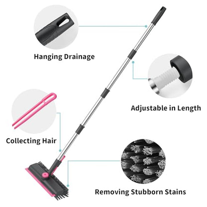 AIR U+ Floor Scrub Brush with Long Handle, 3-in-1 Rotating Head & Squeegee - color: Gray and Pink, size: 1 PACK