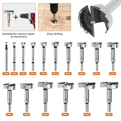 GMTOOLS Forstner Bit Set, 16PCS Forstner Drill Bits for Wood, Carbide Forstner Bit for Woodworking, Auger Opener Round Shank Drilling Cutting Tool for Hardwood, Softwood, Plastic, Plywood - style: 16PCS Forstner Drill Bits