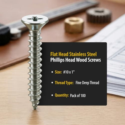 BCP Fasteners #10 x 1 Stainless Steel Flat Head Wood Screws, 100 Pack - size: #10 x 1"