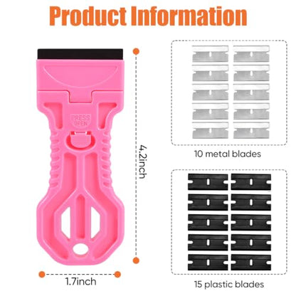 4 Pack Razor Blade Scraper, 25 Blades, Long Handle Scraper Tool (Pink) - color: Pink