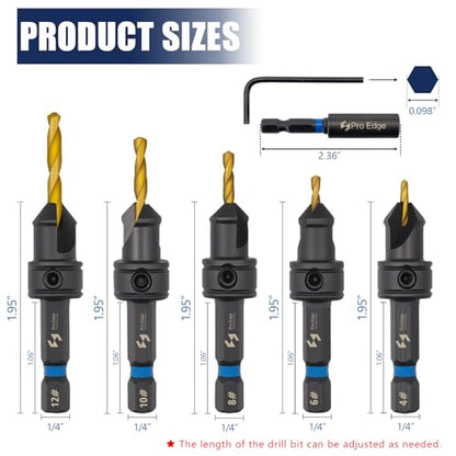12PCS Countersink Drill Bit Set, #4, #6, #8, #10, #12 with 5 Wood Drill Bit - size: 4#-12#