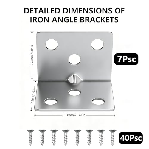 7 Pack L Brackets for Wood, Stainless Steel Corner Braces, Heavy Duty Metal Angle Bracket with 42 Screws, Silver 90 Degree Right Angle Joint Fastener for Shelf Furniture Cabinet