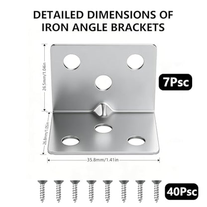 7 Pack L Brackets for Wood, Stainless Steel Corner Braces, Heavy Duty Metal Angle Bracket with 42 Screws, Silver 90 Degree Right Angle Joint Fastener for Shelf Furniture Cabinet