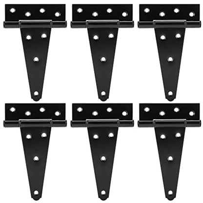 HILLMASTER 6 Inch T-Strap Heavy Duty Shed Door Hinges Gate Strap Hinges Black Tee Hinge Wrought Hardware for Wooden Fences,Yard,Barn Door,Rustproof (6 Pack) - size: 6in 6Pack