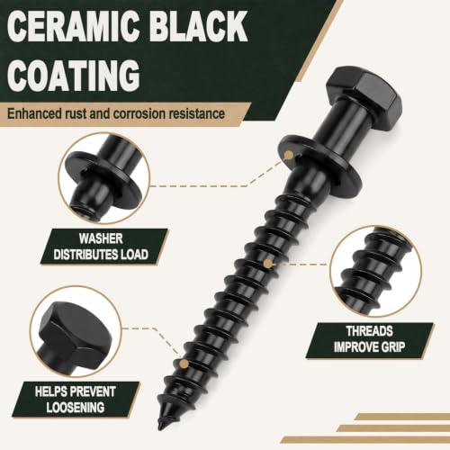 Hicarer 1/2" X 4" 80 Set Lag Bolts Kit for Wood Black Ceramic Hex Head - size: 1/2" X 4"