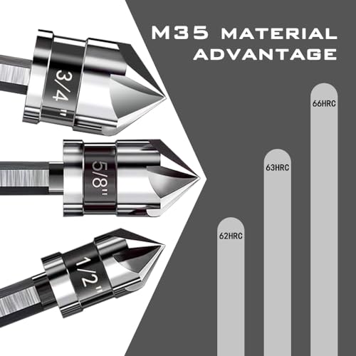 Countersink Drill Bit Set, 6 Pieces M35 Cobalt HSS 5-Flute Pro-Grade Countersink Bits, 1/4 Inch Quick Change Hex Shank for Metal Wood Stainless Steel Carbon Steel Auto Repair Marine Use