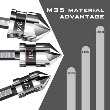 Countersink Drill Bit Set, 6 Pieces M35 Cobalt HSS 5-Flute Pro-Grade Countersink Bits, 1/4 Inch Quick Change Hex Shank for Metal Wood Stainless Steel Carbon Steel Auto Repair Marine Use