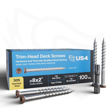 US4 - #8 x 2 - Tropical Timber Brown Wood Screws | 305 Stainless Steel | Trim Head T15 Star Drive | Rust & Corrosion-Resistant | Outdoor Decking Screws (100, #8 x 2-2 Inches) - size: #8 x 2"