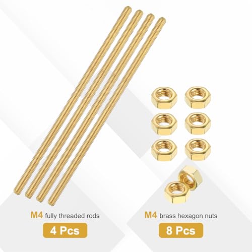 uxcell 4 Sets Brass Fully Threaded Rod, M4x0.7mm Pitch Right Hand Threads Studs with Solid Brass Hex Nuts, 120mm/5 Long Threaded Screw Rods Fasteners for Anchors Bolts Hangers Clamps - size: M4x0.7mmx120mm