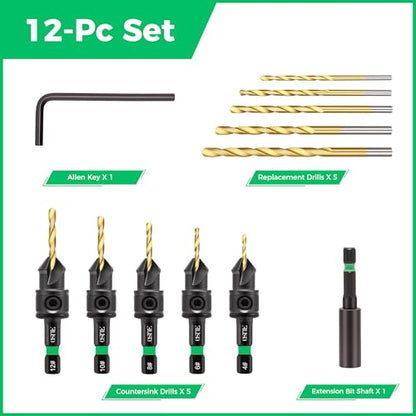 Countersink Drill Bits Set 12PCS, 1/4" Hex, Adjustable Depth Stop