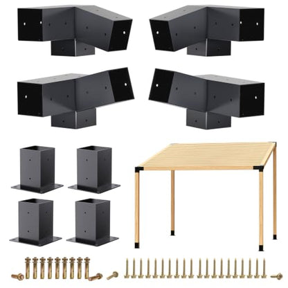 Pergola Brackets, 75° Pergola Brackets 15° Corner Bracket with Post Base Gazebo Kit for 4x4'' (Actual 3.5x3.5 in) Wooden Beams Lumber Gazebos Patio Sheds - size: 2P 75° Bracket + 2P 15° Bracket + 4P Base