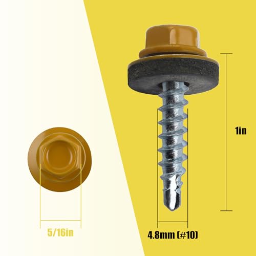 JEGONFRI 300PCS #10 x 1 Yellow Hex Head Self-Drilling Metal Roofing Screws - color: Yellow, size: 1 in