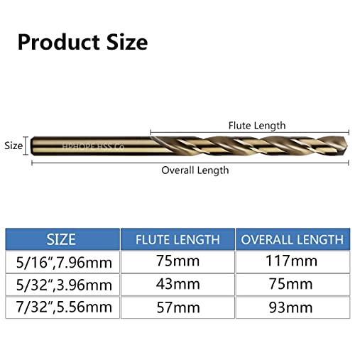 5/16 Inch Cobalt Drill Bits 5Pcs - HPHOPE M35 HSS Metal Twist Drill Bits Set, Jobber Drill Bits Length and Straight Shank, Suitable for Drilling in Hard Metal, Stainless Steel, Cast Iron - size: 5/16-inch, 5Pcs