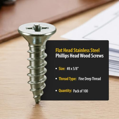 BCP Fasteners #8 x 5/8" Stainless Steel Flat Head Wood Screws, 100 Pack - size: #8 x 5/8"