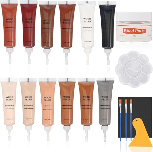 Wood Repair Kit for Wood Scratch Repair and Laminate Floor Scratch Repairs 12 Colors Filler Putty Paste to Fix Scratches Cracks Holes on Hardwood Laminate Vinyl Furniture Table Door Cabinet