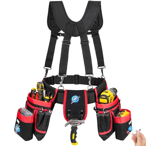 Tool Belt with Suspenders,27-Pockets Heavy Duty Tool Belts for Men with Magnetic Tool Pouch,Detachable & Adjustable Work Belt Bag for Electrician,Carpenter,Construction,Utility Toolbelt,Black,Red - color: Black/Red