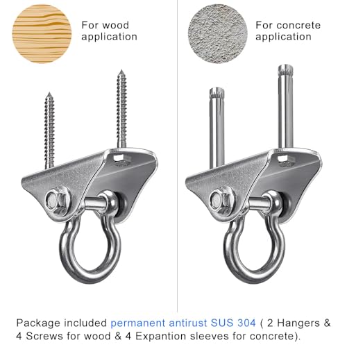 BeneLabel 2 Pack Stainless Steel 180 Swing Hooks, Heavy Duty 1000 LB Capacity, 4 Screws & 4 Expansion Bolts for Wooden & Concrete, Ceiling Mount for Hammock, Porch, Yoga, Punching Bag - color: 180° Swing(2 Pack)