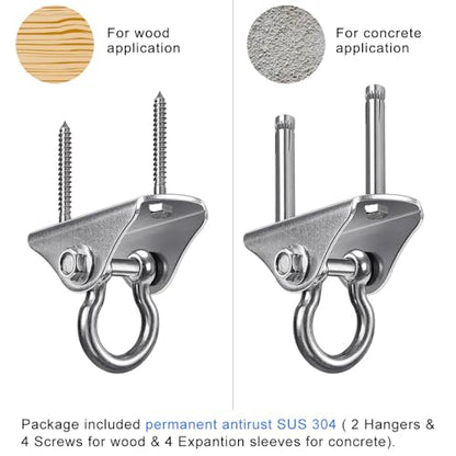 BeneLabel 2 Pack Stainless Steel 180 Swing Hooks, Heavy Duty 1000 LB Capacity, 4 Screws & 4 Expansion Bolts for Wooden & Concrete, Ceiling Mount for Hammock, Porch, Yoga, Punching Bag - color: 180° Swing(2 Pack)