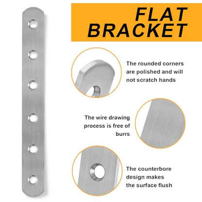 4 PCS Straight Brackets, 6 inch Flat Straight Braces, Stainless Steel Brace Bracket with 24 Pcs Screws for Furniture Repair Fixing
