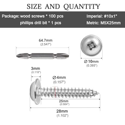 #10x1 Phillips Modified Truss Head Wood Screws 100pcs ZGLS-04 - size: #10 x 1"