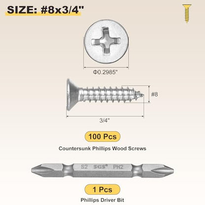 METALLIXITY 101Pcs #8x3/4 Countersunk Phillips Wood Screws Kit SS304 - color: Silver, size: #8x3/4"